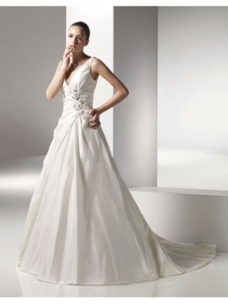Taffeta Deep V-Neckline Asymmetrically Gathered Bodice Ball Gown Wedding Dress