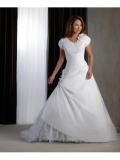 Taffeta Modest Neckline Cap Sleeves lace-up Corset Bodice Wedding Dress