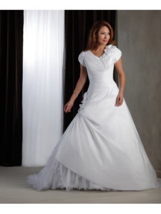 Taffeta Modest Neckline Cap Sleeves lace-up Corset Bodice Wedding Dress