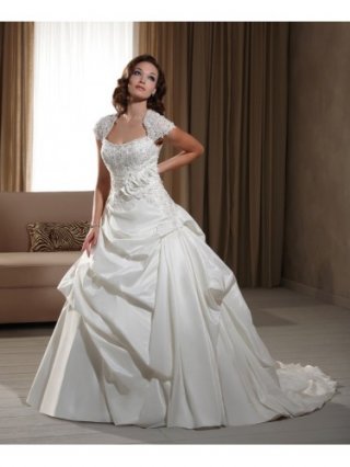 Taffeta Modified Queen Anne Neckline Hand-Beaded Bodice Ball Gown Wedding Dress