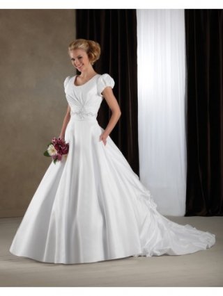 Taffeta Scoop Neckline Cap Sleeves Embroidered Bodice Wedding Dress