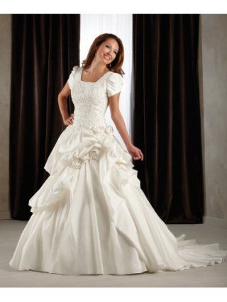 Taffeta Short Sleeve Lace Covered bodic Wedding Dress
