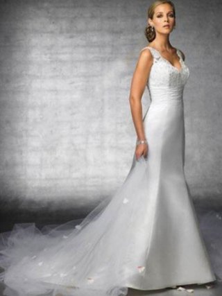 Elegant White Mermaid Trumpet Empire Waist V Neck Applique Beading Embroidery Taffeta Organza Wedding Dress