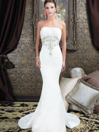Elegant White Strapless Mermaid Trumpet Beading Embroidery Satin Wedding Dress