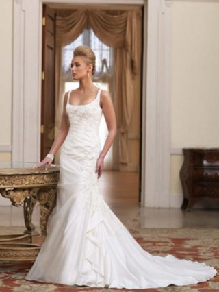 White mermaid spaghetti straps scoop applique beading lace ruffle satin bridal gown