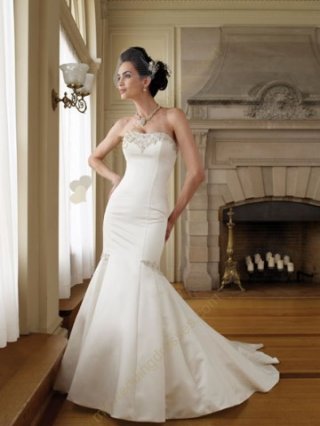 White mermaid strapless beading satin bridal gown