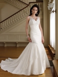 White mermaid V neck beaded straps embroidery taffeta bridal gown