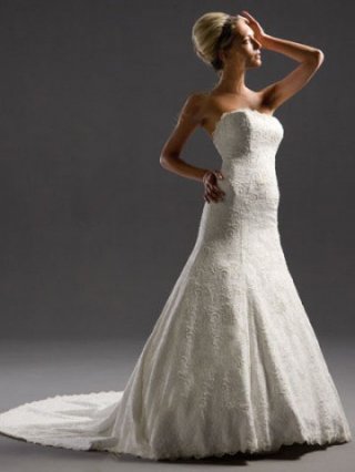 White Strapless Mermaid Trumpet Satin Lace Wedding Dress