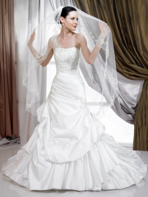 Trendy Floor Length A-Line One Shoulder Lace Up Sweep/Brush Train With Ruffles,Beads Wedding Dresses