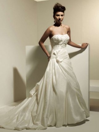 Trendy Floor Length A-Line Strapless Low Back Sweep Train With Embroidery,Button Wedding Dresses WDresses00842