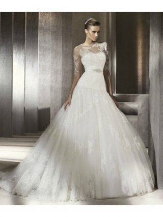 Tulle Ball Gown Softly Curved Neckline Draped Skirt Wedding Dress