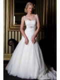 Tulle Beaded Neckline Gathered Skirt Ball Gown Wedding Dress
