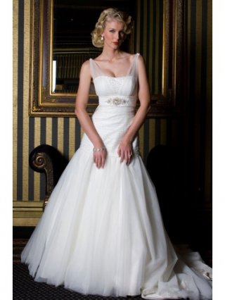 Tulle Beaded Neckline Gathered Skirt Ball Gown Wedding Dress