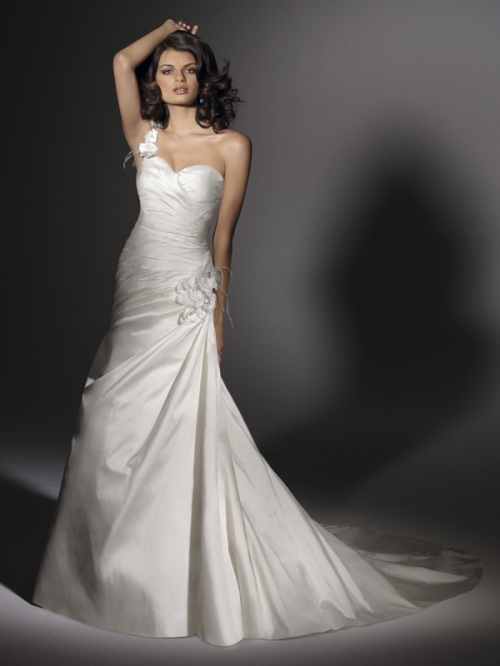 Unique Floor Length A-Line One Shoulder Lace Up Sweep/Brush Train With Hand Made Flower Wedding Dresses