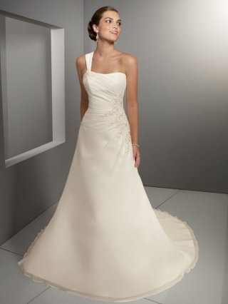 Unique Floor Length A-Line One Shoulder Zipper Sweep/Brush Train With Beads Wedding Dresses
