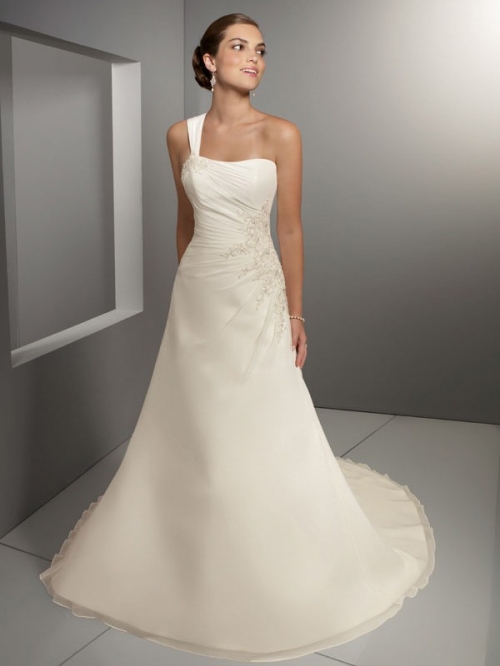 Unique Floor Length A-Line One Shoulder Zipper Sweep/Brush Train With Beads Wedding Dresses