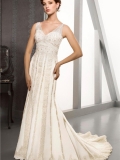 Beige Mermaid Chiffon Embroidery Discount V-neck Style Beadings Sweep/ Brush Length Wedding Dress