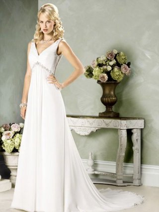 Cheap Long Length Embroidery Satin/ Chiffon A-line Style Puff Pleated Couture V-Neck Wedding Dress