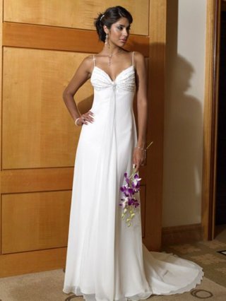 Inexpensive Spaghetti Straps Sheath/ Column Empire waist Pleated Chiffon V-Neck Wedding Dress