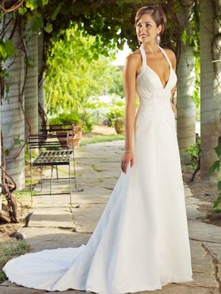 Sexy Halter Designer Attractive Applique Sweep/ Brush Length A-line V-neck Wedding Gown