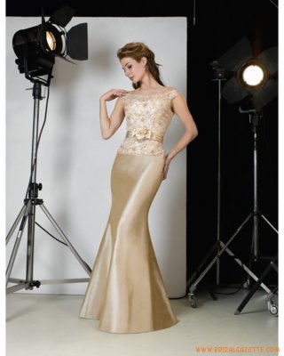 Champagne Off-The-Shoulder Lace Satin Evening Dress