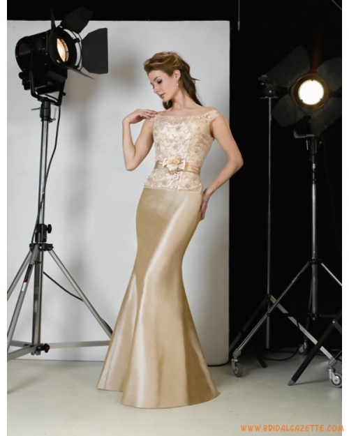 Champagne Off-The-Shoulder Lace Satin Evening Dress
