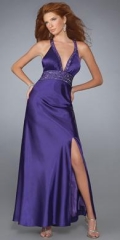 Long Purple V-Neck Satin Evening Dress