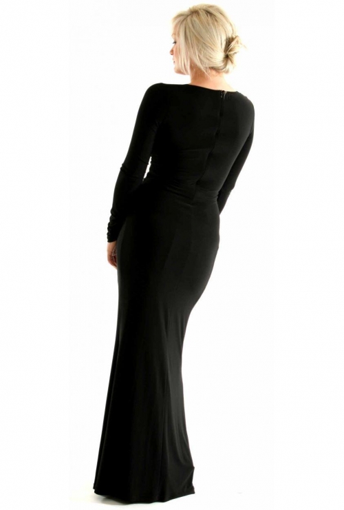 Long Black V-Neck Taffeta Evening Dress