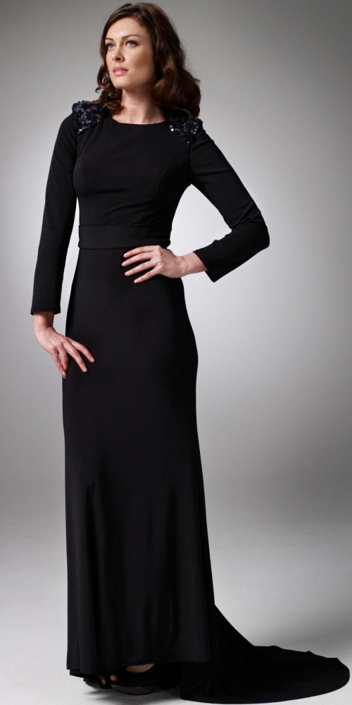 Long Black Scoop Taffeta Evening Dress