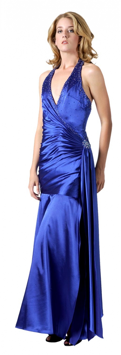 Elegant empire halter top floor length beading blue prom dress