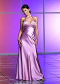 Elegant empire halter top floor length satin ruffles prom dress