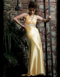 Empire halter top floor length satin beading ruffles Prom Dress