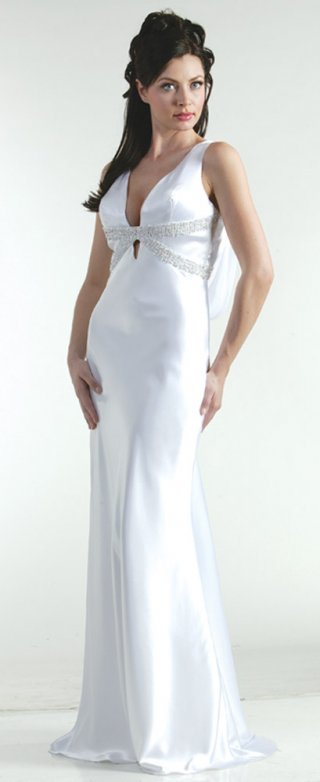 Elegant empire v-neck floor length beading white prom dress