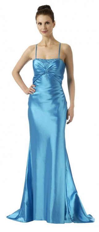 Elegant empire strapless sweep satin blue prom dress