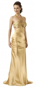 Elegant empire halter top sweep satin ruffles gold Prom Dress