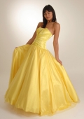 Modest ball gown strapless floor length satin yellow prom dress