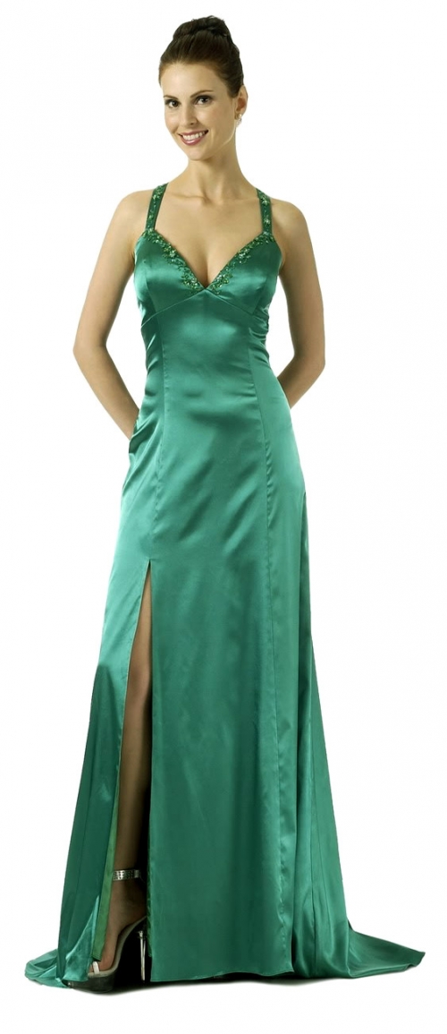 Simple empire v-neck sweep satin beading prom dress