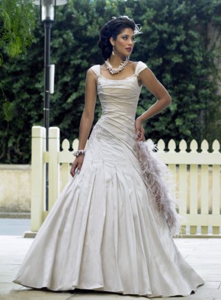 A-line Cap Sleeves Chapel Train Satin Wedding Dresses (ST0013)