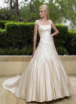 A-line Cap Sleeves Chapel Train Satin Wedding Dresses (ST0012)