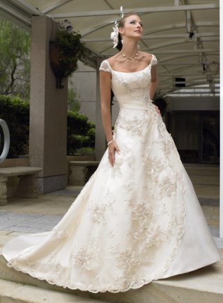 A-line Cap Sleeves Chapel Train Satin Wedding Dresses (ST0011)