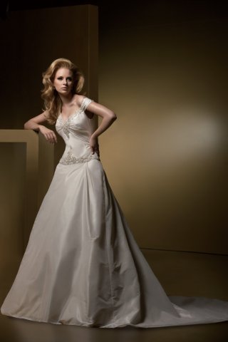 A-line Cap Sleeves Chapel Train Satin Wedding Dresses (ST0005)