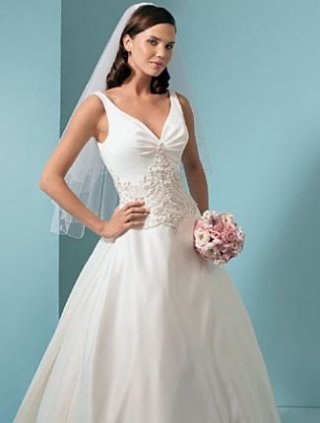 A-line Deep V-neck Chapel Train Satin Wedding Dresses (ST0001)