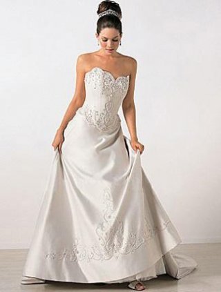 A-line Strapless Chapel Train Lace Satin Wedding Dresses (SV0142)