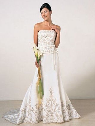 A-line Strapless Chapel Train Lace Satin Wedding Dresses (SV0134)