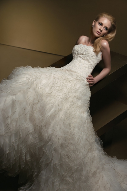 A-line Strapless Chapel Train Tulle Wedding Dresses (ms0159)