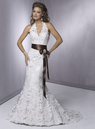 Slim A-line Halter Neckline Satin Wedding Dresses (yz0249)