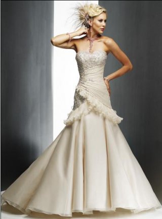 Strapless A-line Chapel Train Organza Lace Wedding Dresses (wd0164)