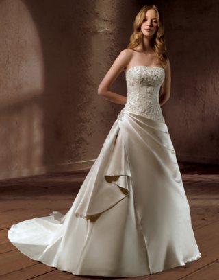 Strapless Designer Satin A-line Gown and Beaded Appliques Bodice style bridal wedding dresses