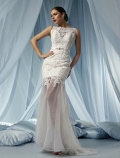Mermaid Bateau Court Trains Sleeveless Satin and Lace Wedding Dress For Brides