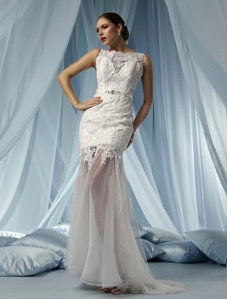 Mermaid Bateau Court Trains Sleeveless Satin and Lace Wedding Dress For Brides